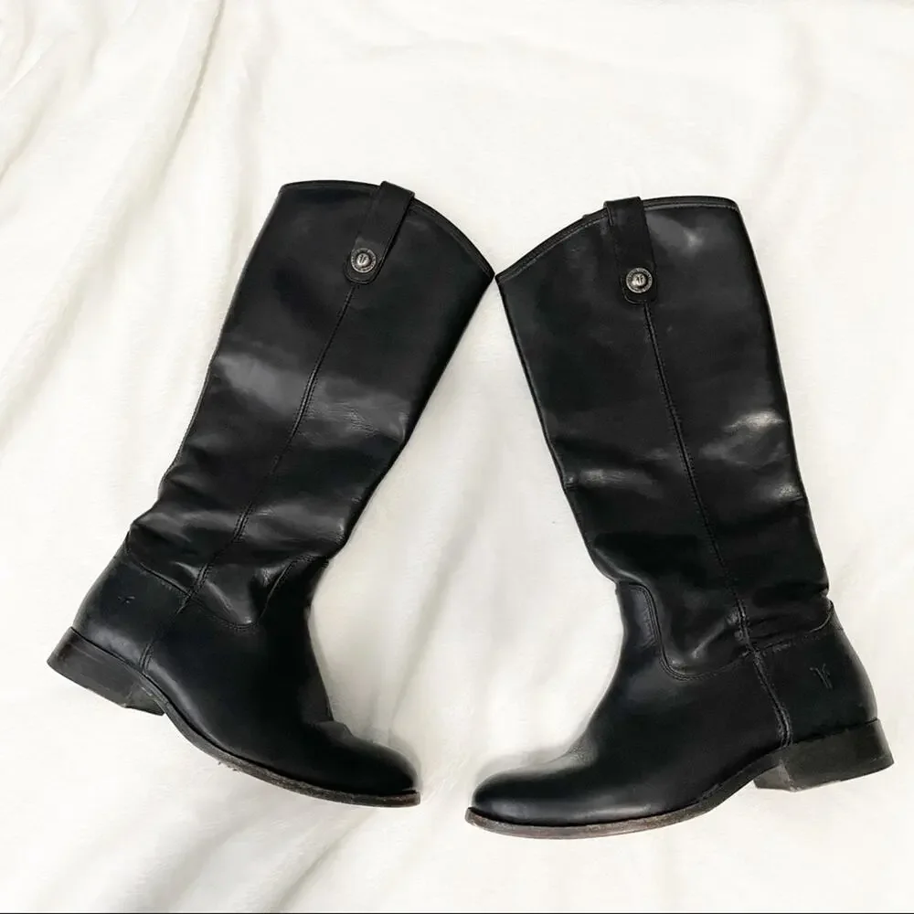 Frye Melissa lug button tall riding boots black leather Size 6 equestrian